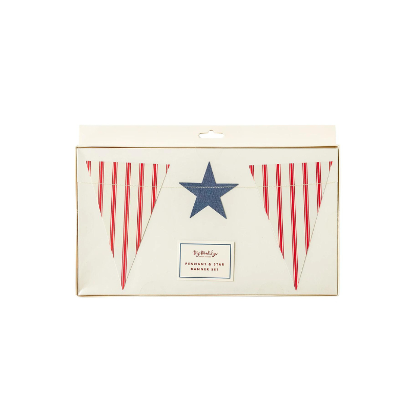 Red, white, and blue pendant and star banner in packaging.